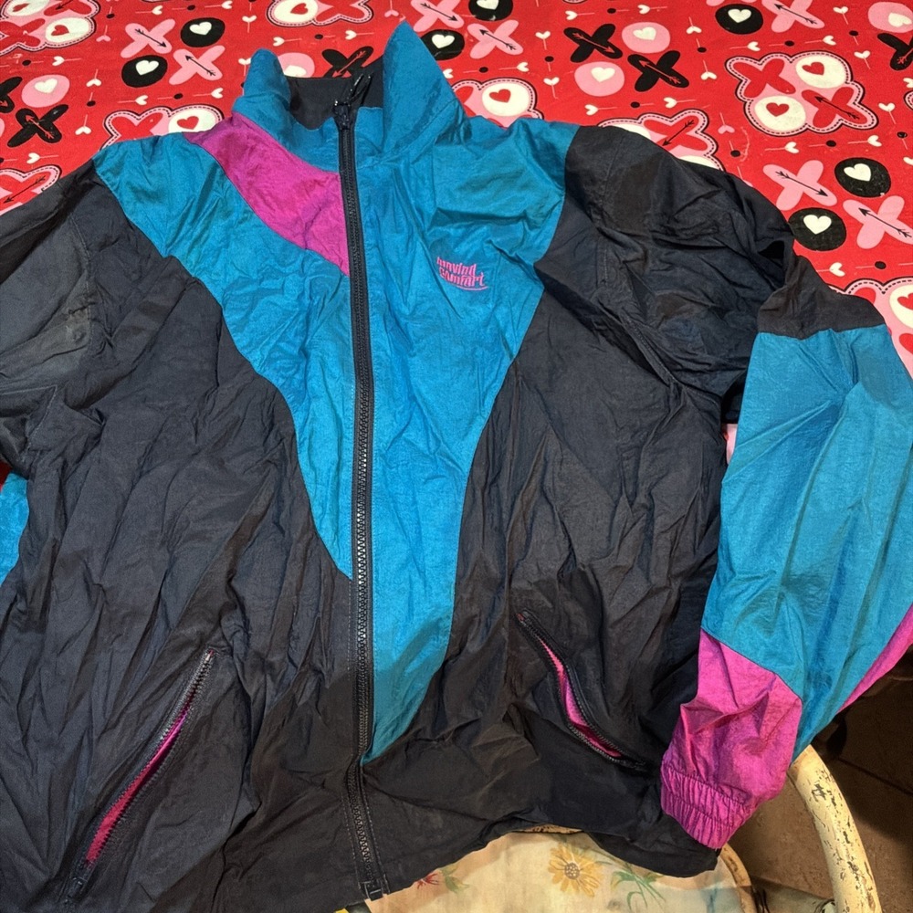Vintage 90s Windbreaker Womens M Black Pink Purple Art Jacket Moving Comfort VTG